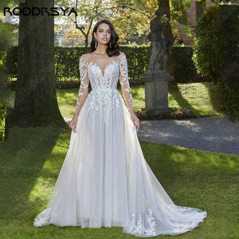 RODDRSYA Elegant Long Sleeves Wedding Dress Sexy Backless Tulle Bridal Gowns Lace Applique A-Line O-Neck Vestido De Noiva 2024