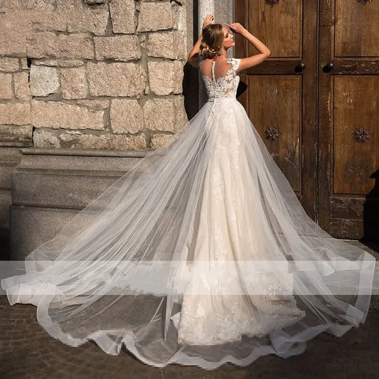 Wedding Dress Cap Sleeve Sheath Tulle Boho Button Bridal Gown Lace Appliques Illusion Train Vestido De Noiva
