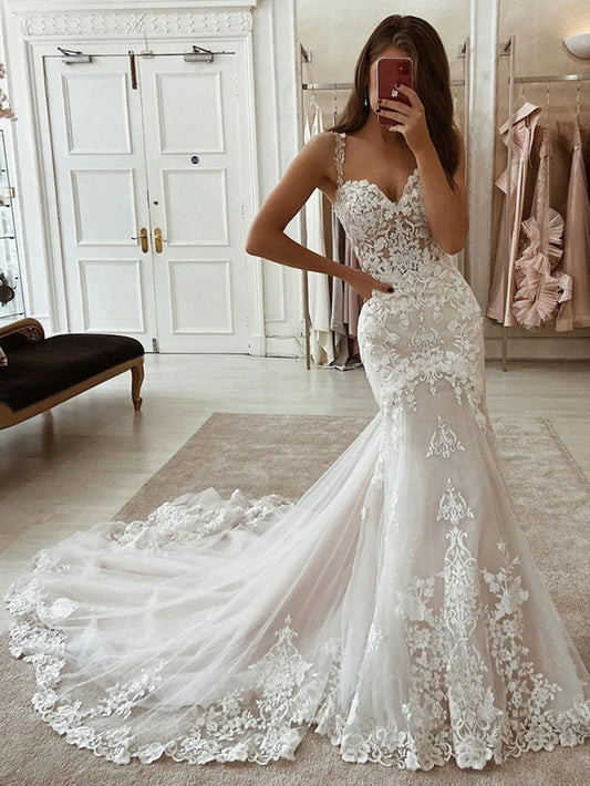 YunShang Spaghetti Straps Wedding Dress V-Neck Lace Appliques New Sexy Mermaid Bride Gown Backless Court Train Vestidos De Noiva