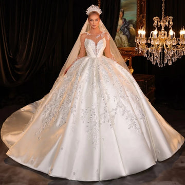 Modest O-neck Long Sleeve Bride Dress Sparkly Sequins Wedding Gown Luxury Satin Ball Gown Long Bride Robe Vestido De Novia
