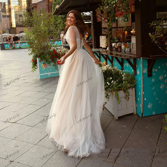 Simple Wedding Dresses Illusion Tulle Tiered Bridal Gowns Cap Sleeves A-Line Ball Gowns Graceful Vintage Vestidos De Novia 2024