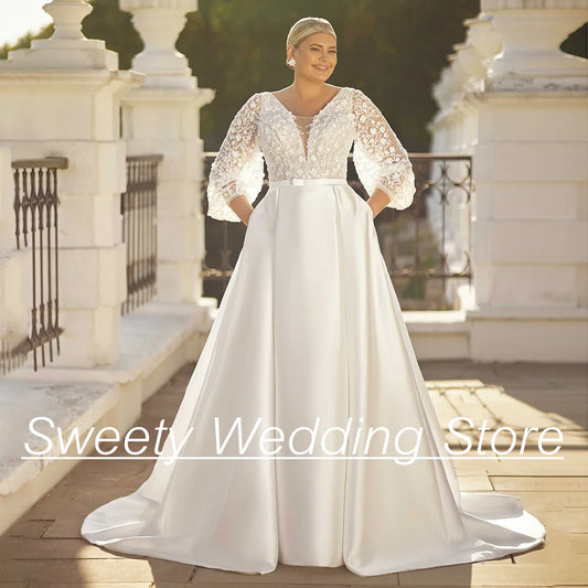 2024 Plus Size Wedding Dresses Classic Satin Bridal Dresses Puff Sleeves V Neck Beading Sequined A Line Bride Gown with Pockets