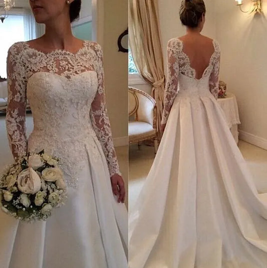 Elegant Backless Wedding Dress 2024 Vintage robe de mariée Lace Satin Long Sleeve Bride Dresses Custom Made Robe De Mariee