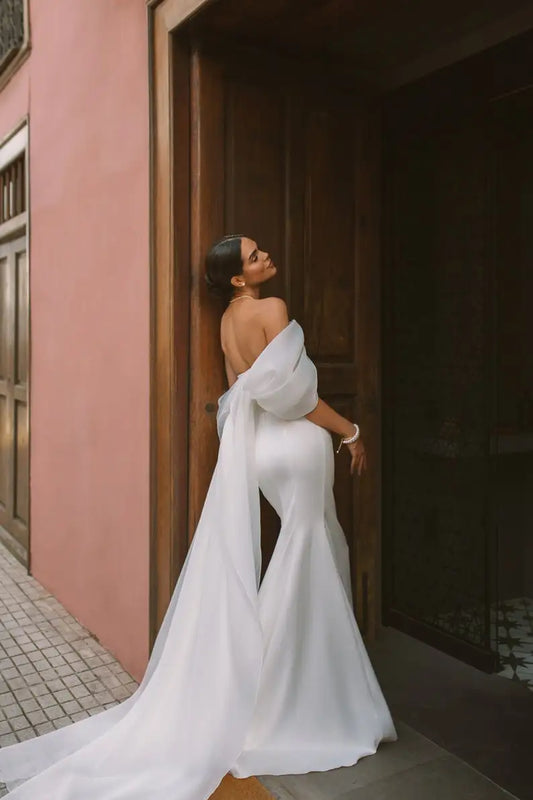 SoDigne 2023 Summer Wedding Party Dresses Off The Shoulder Pleats Bridal Dress Mermaid Satin Women Bride Gowns With Train