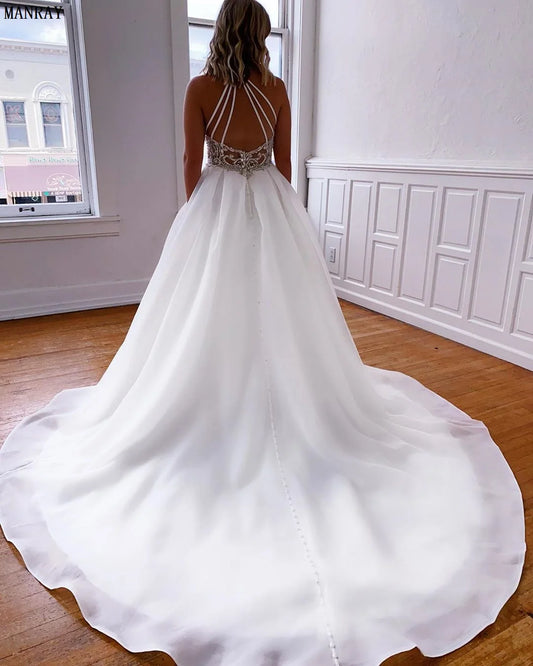 Simple A Line Boho Wedding Dresses for Women White Organza High Neck Crystals Bridal Gowns Robe De Mariage with Pockets