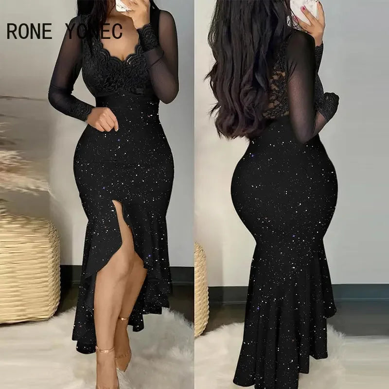 Women Glitter Chic Lace Patchwork Deep V Neck Long Sleeves High Silt Maxi Mermaid Bodycon Formal Party Dresses