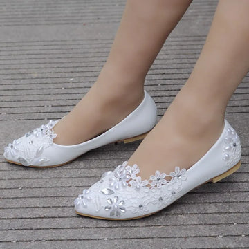 New Arrival Crystal Large Ladies Flat Shoes Handmade Wedding Shoes Pearl Rhinestone Beaded Anklet Lace White Bridesmaid Shoes