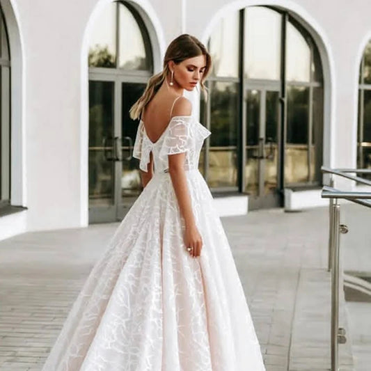 I OD Elegant A-Line Wedding Dresse 2024 Spaghetti Short Sleeves V-neck Open Back Lace Up Applique Tulle Bridal Gowns Court Train
