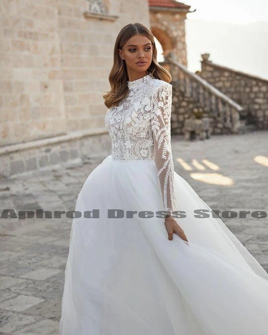 2024 Grace Pretty luxury Princess Wedding Dresses Modest O Neck Long Sleeves Muslim Bride Dresses Bridal Gown vestidos de novia