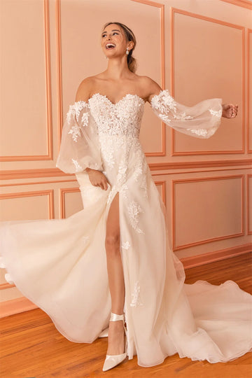 Elegant Long Puff Sleeves Sweethart Lace Applique A Line Bridal Grown Wedding Dresses Side Slit Custom Made 2024 Vestido De Noiv