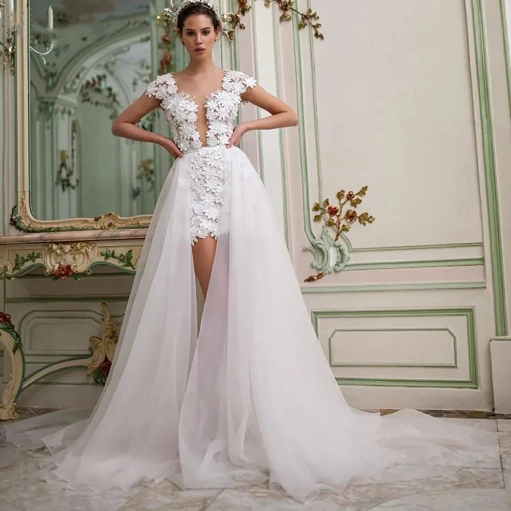 Modern Wedding Dresses 3D Flowers Lace Detachable Train Bridal Robes 2024  High Low Elegant Gowns For Brides Vestidos De Novia