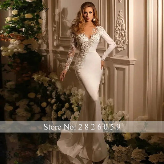 Lceland Poppy 2 in 1Mermaid Wedding Dresses Full Sleeves Beaded Floor Length Satin Bridal Gown with Detachable Train