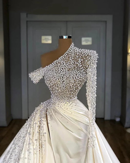 Luxury Pearls Wedding Dresses Satin for Birde 2024 Floor Length Mermaid Beads Long Sleeves Detachable Train Dubai Bridal Gowns