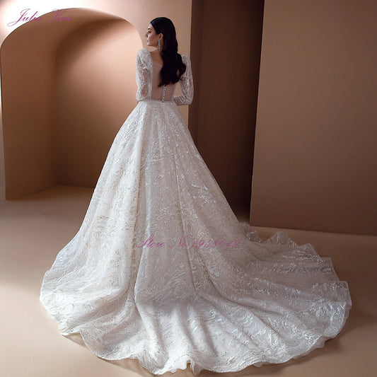 Gorgeous Sequined Embroidery Lace Square Collar A-line Wedding Dresses With Full Sleeves Court Train
