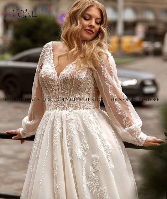 Gorgeous A-line Plus Size Wedding Dresses Tulle Long Sleeve Bridal Gown Sweep Train Oversize Bride Dress Robe de Mariee