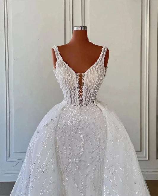 White Mermaid Wedding Dresses For Women Bride Luxury Spaghetti Bridal Dress With Cape Sparkly Engagement Gowns Vestidos De Novia