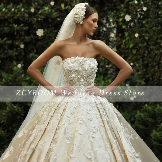 luxury Strapless Flowers Sequin Sleeveless Wedding Dress 2024 Ball Gown Floor Length Sweep Train Stain Lace Up Bridal Gown