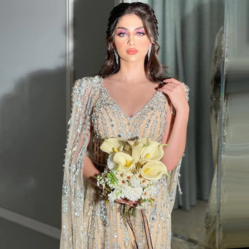 Luxury Crystal Long Cape Sleeves Evening Dress Arabic Women Elegant High Custom Wedding Dress party Gown SS550