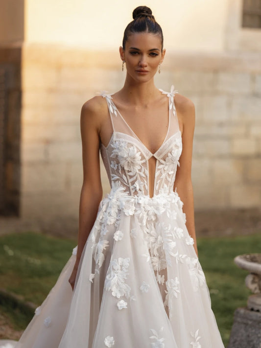 3D Flowers Weeding Dress Elegant Deep V-neck Bride Robe Appliques A-line Floor-length Bridal Dresses Vestidos De Novia