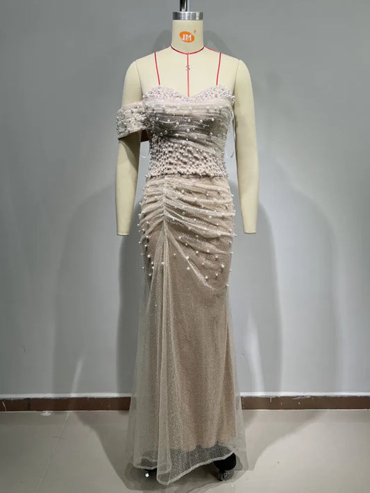 Women Luxury Sexy Off Shoulder Pearl Sequins Maxi Long Beige Gowns Dress 2024 Elegant Evening Party Club Dress Vestido