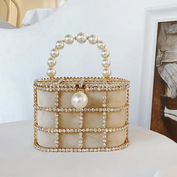 Diamonds Basket Evening Clutch Bags Women 2023 Luxury Hollow Out Preal Beaded Metallic Cage Handbags Ladies Wedding Party Purse