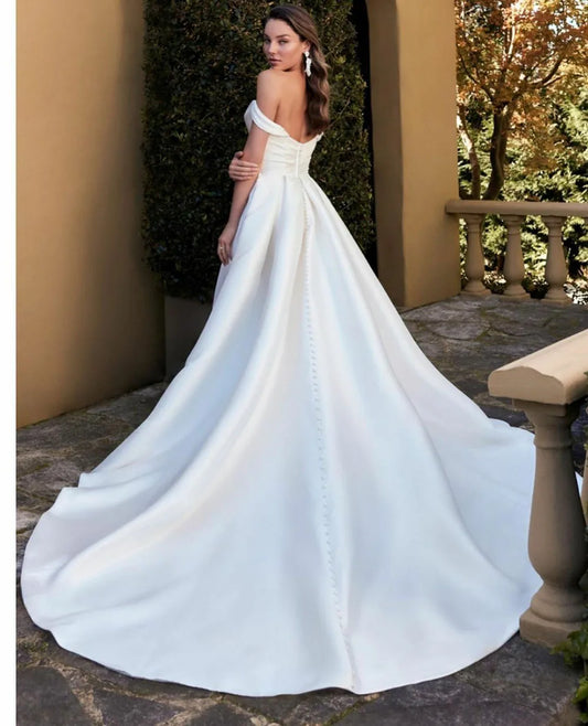 Sexy Satin Off Shoulder Wedding Dresses With Side Split Sweetheart A-Line White/Ivory Bridal Gowns vestidos de novia