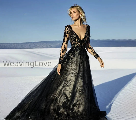 Black Sexy V Neck Lace Appliqued Long Sleeves Tulle Wedding Dresses Sweep Bridal Gown Customized Vestido de noiva For Women 2023