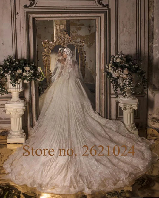 Long Sleeve Beading Sequins Lace Princess Ball Gown Wedding Dresses With Chapel Train Vestido De Casamento