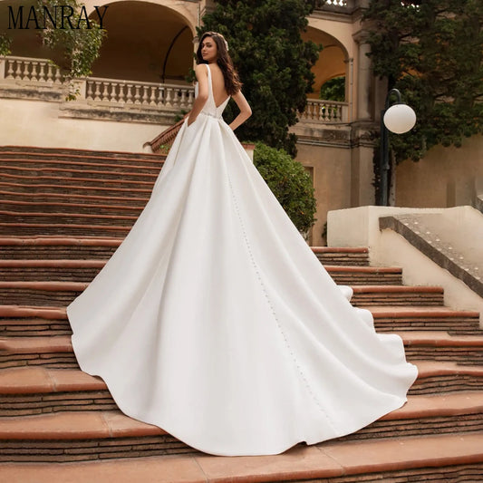 MANRAY Satin Wedding Dress 2024 Bride V-Neck Belt With Beads A-Line Backless Bridal Gown With Pockets Vestido De Noiva