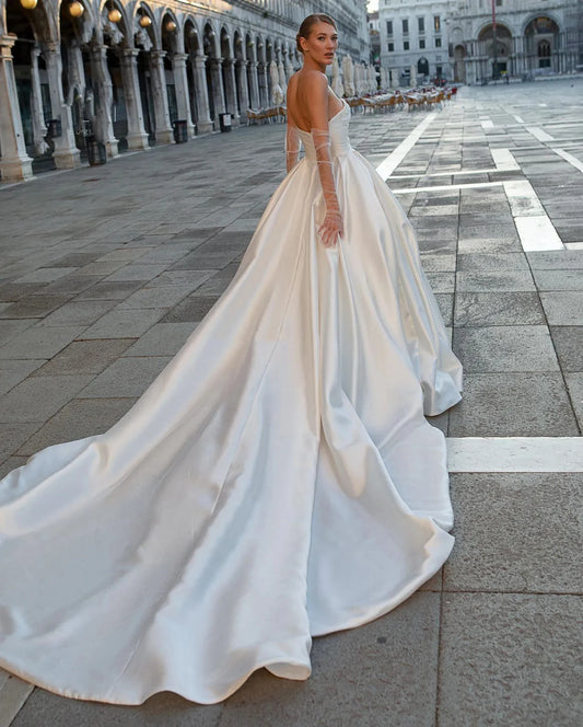 Gorgeous Satin Modern Wedding Dresses Elegant Off Shoulder Sleeveless Train Floor-Length Fluffy Princess Style Bride Gowns 2024