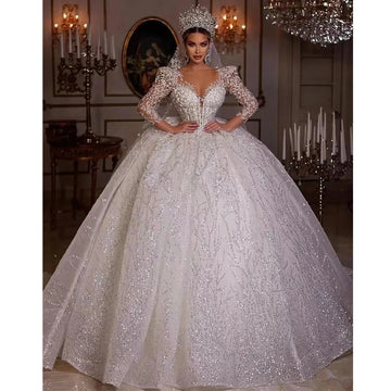 Luxury Women's Wedding Dresses Elegant V-Neck Long-Sleeved Lace Applique A-Line Puffy Skirt Bridal Gowns Formal Beach Party Robe
