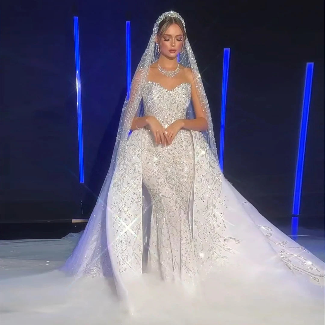 Luxury Dubai Beaded Mermaid Wedding Dress with Overskirt Saudi Arabia Women Bride Gowns