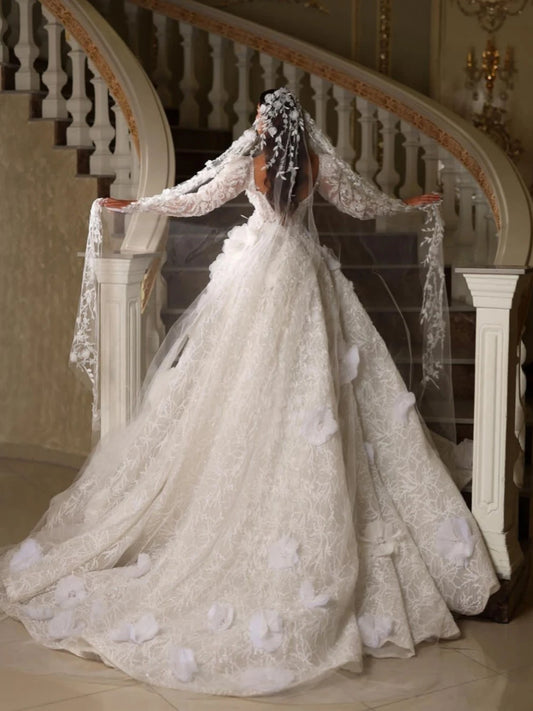 Romantic Appliques Wedding Dress 3D Flowers Pearls Sequins Bridal Gown Luxury Floor-length Bride Dresses Vestidos De Novia