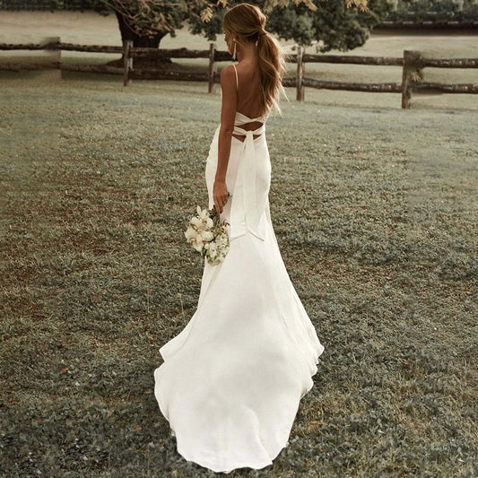 Simple Mermaid White Wedding Dress Spaghetti Straps High Slit 2024 Satin Backless Plain Bridal Gown Sweep Train Vestido de Novia