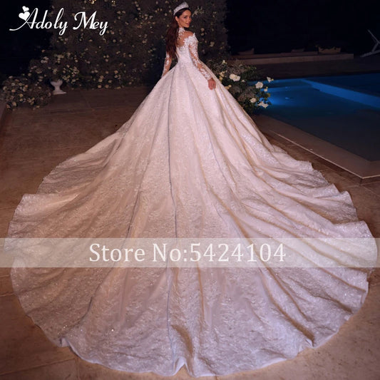 Elegant High Neckline Beading Long Sleeve Ball Gown Wedding Dress 2024 Gorgeous Appliques Lace Royal Train Princess Bridal Gown