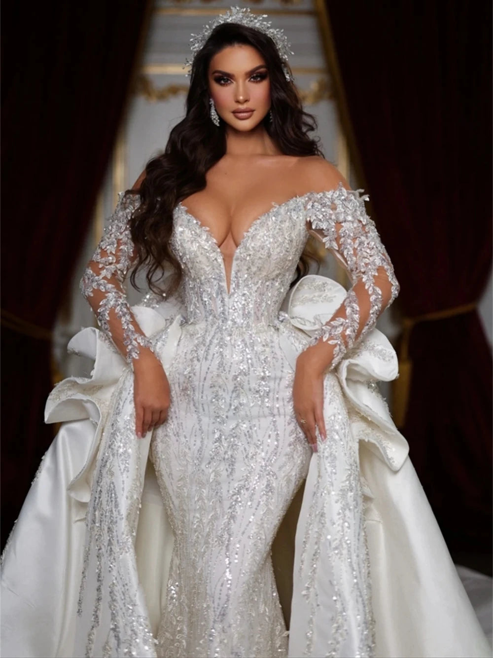 Elegant V-neck Wedding Dress Luxury Sequins Beading Mermaid Bride Robe Shiny Floor-length Bridal Dresses Vestidos De Novia