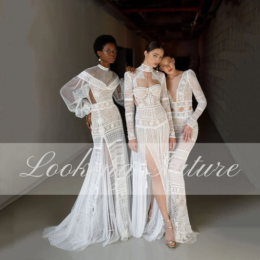 Boho Backless Wedding Dresses A-Line Long Sleeves Floor Length Robe De Mariee Sexy High Side Slit Beach Simple Bridal Gowns 2024