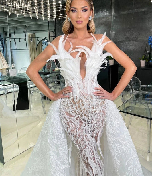 Floria Ivory Feather Mermaid Wedding Dresses 2024 Luxury For Women Detachable Train Bridal Gowns Formal Prom Gowns for Wedding