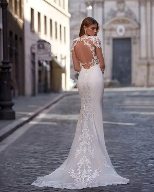 Boho Long Sleeves Mermaid Wedding Dresses 2024 For Women Satin Sexy V Neck Open Back Bridal Gown With Lace Appliques Sweep Train