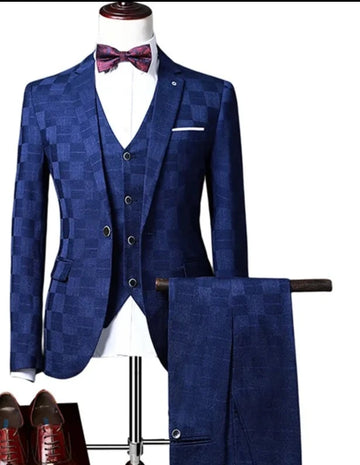 ( Jacket+Vest+Pants ) Boutique Fashion Plaid Men's Casual Business Office Suit Three Piece Set Groom's Wedding Dress Slim Suits