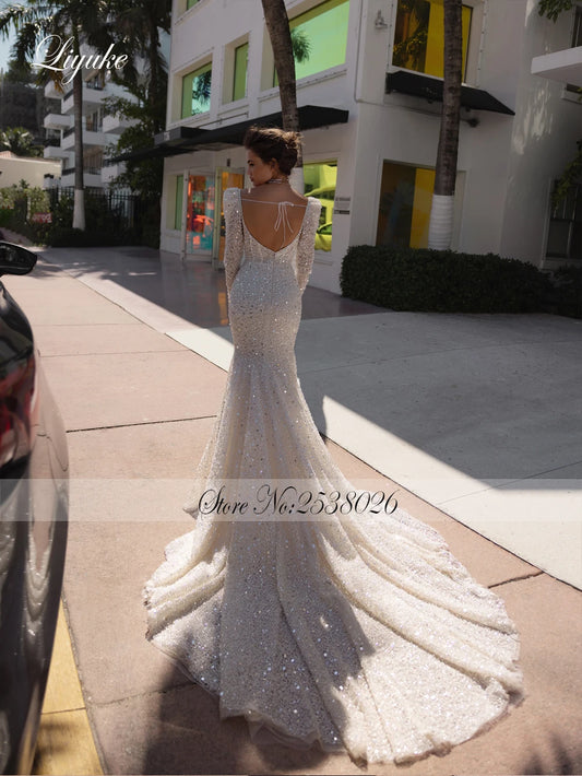 Mermaid Wedding Dress Beading Sequined Floral Lace Stunning Asymmetrical Court Train Full Sleeve Bridal Gowns