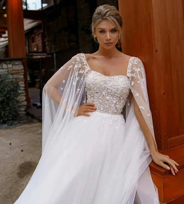 Ivory Princess Wedding Dresses With Cape Tulle Backless Sexy Boho Bride Gowns Vestidos de novia Party