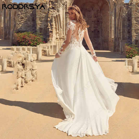 RODDRSYA Classic Wedding Dress Long Sleeve Illsuion Back Bride Gowns Party Chiffon Side Split A-Line Applique vestidos de novia