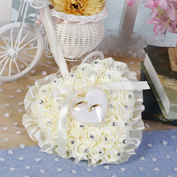1Pcs Jewelry Case Heart-shape Rose Flowers Ring Box Romantic Wedding Ring Bearer Pillow Cushion Holder Valentine's Day Gift