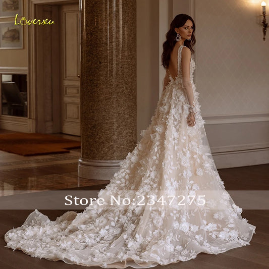 Glamorous Wedding Dresses 2024 V-Neck Sleeveless Vestido De Novia Appliques 3D Flowers Charming Robe De Mariee