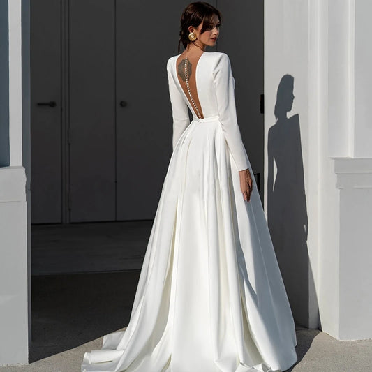 Elegant Simple Wedding Dresses For Women 2024 V-Neck Backless Sexy Bridal Gowns Satin Long Sleeve Robe A-Line Vestidos De Novia
