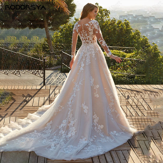 RODDRSYA Elegant Lace A-line Wedding Dress Long Sleeves Bride Gowns Custom Made Applique O-Neck Button Tulle robe de mariée