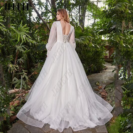 Princess Wedding Dress For Woman Long Sleeves V-Neck Lace Up Bride Gowns Tulle A-Line Modern Plus Size vestidos de novia
