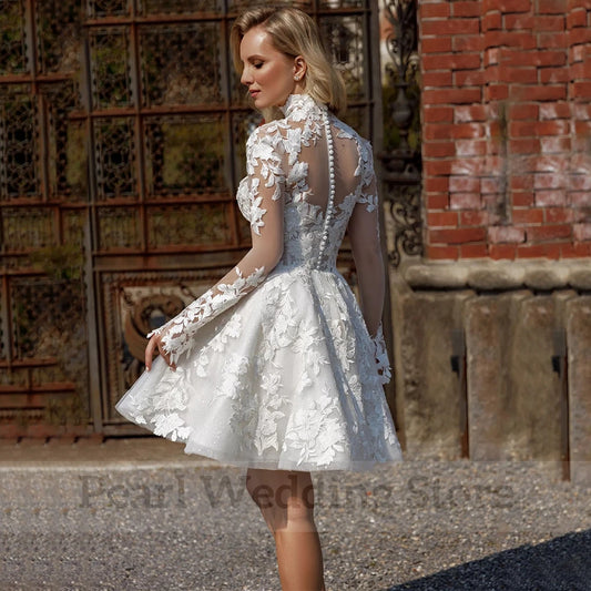 Charming Short Wedding Dress Illusion Applique High Neck and Long Sleeves A-Line Knee-Length Bridal Civil wih Button Gowns