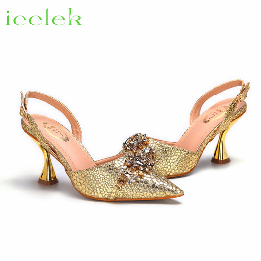 2024 Gold Color New Coming Spike Heels Pointed Toe African Shoes Matching Bag Set For Women Wedding Party